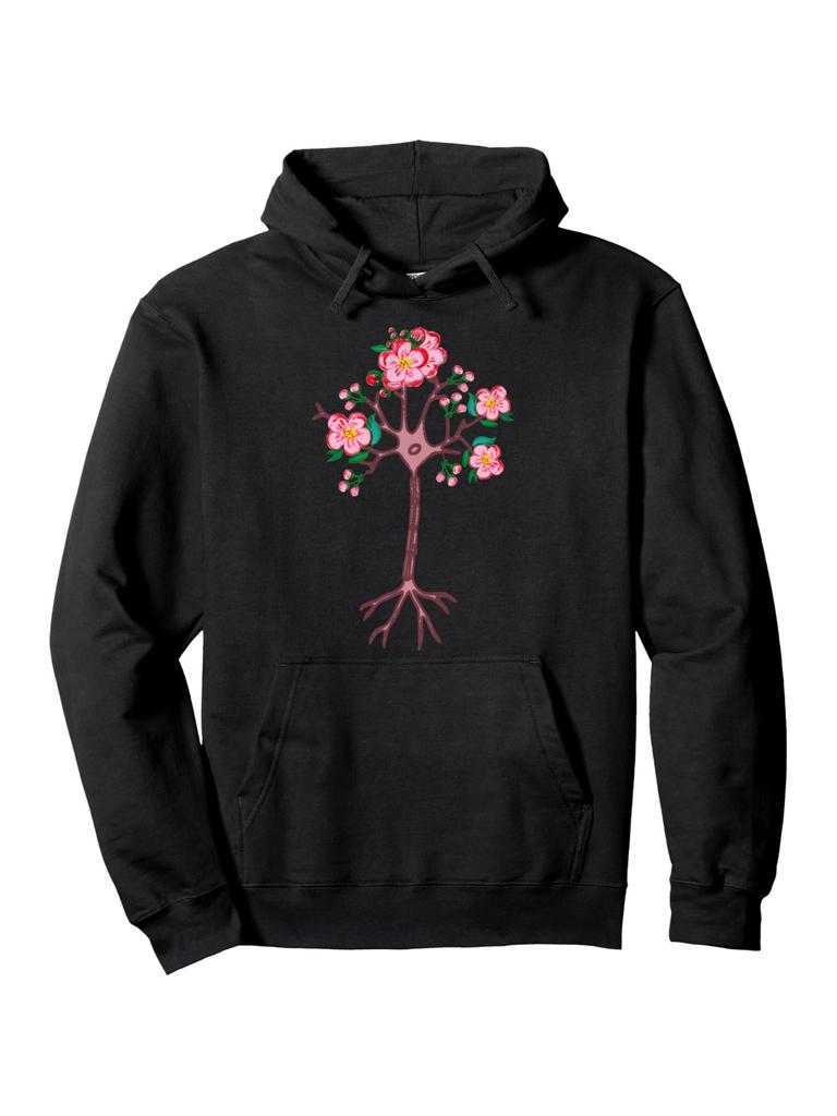 Neuroscience hoodie - Black with Pink Floral neuron tree design - All-Season Casual Pullover Sweatshirt for Neuroscientists