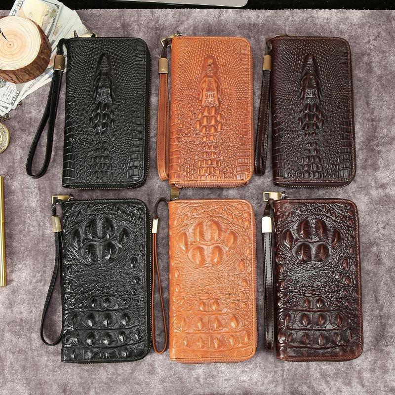Vintage Crocodile Embossed Leather Long Wallet for Men, Retro Large Capacity Zipper Clutch Bag with Wrist Strap for Travel