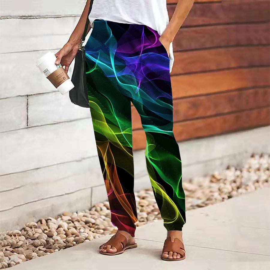 Women Smoke Printing Pants Lace Up Elastic Waist Loose  Trousers Casual Long Pants Trousers with Pockets