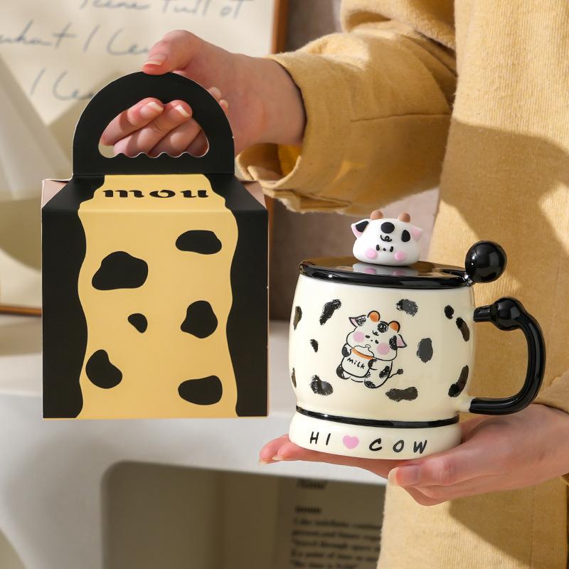 Cute Girl Heart Cow Mug With Lid Office Water Cup Girl High Value Household Coffee Cup Ceramic Cup