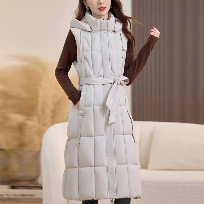 Fashion Winter Women's Long Warm Vest Hooded Can Be Worn On Both Sides Thick Sleeveless Jackets Woman Coat With Belt