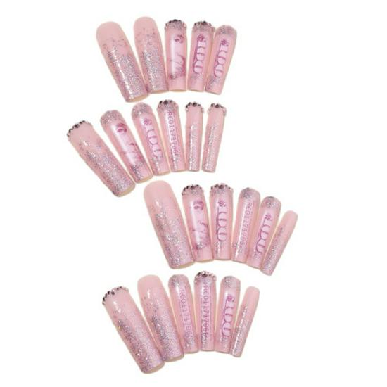 Extra-Long Rhinestone Press-On Nails with Painted Designs - European & American Styles, Removable