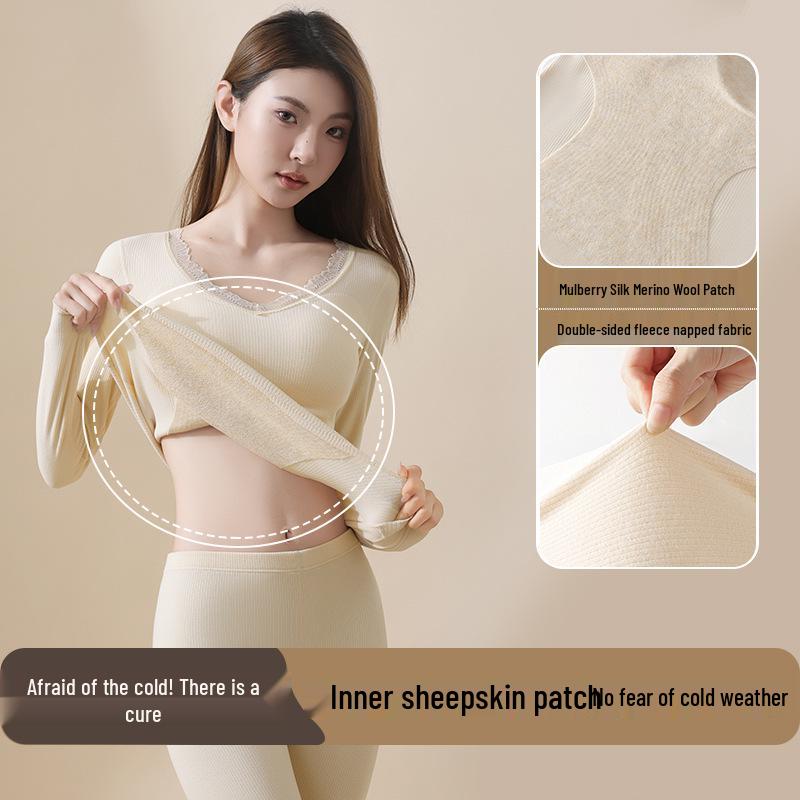 Women's Cashmere Silk Lace Seamless Thermal Set with Chest Pads: Slimming Base Layer for Autumn/Winter
