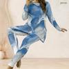 Women Plus Size Printed Two Piece Set Round Neck Long Sleeve Longline Top Fitted Pants Blue Beige