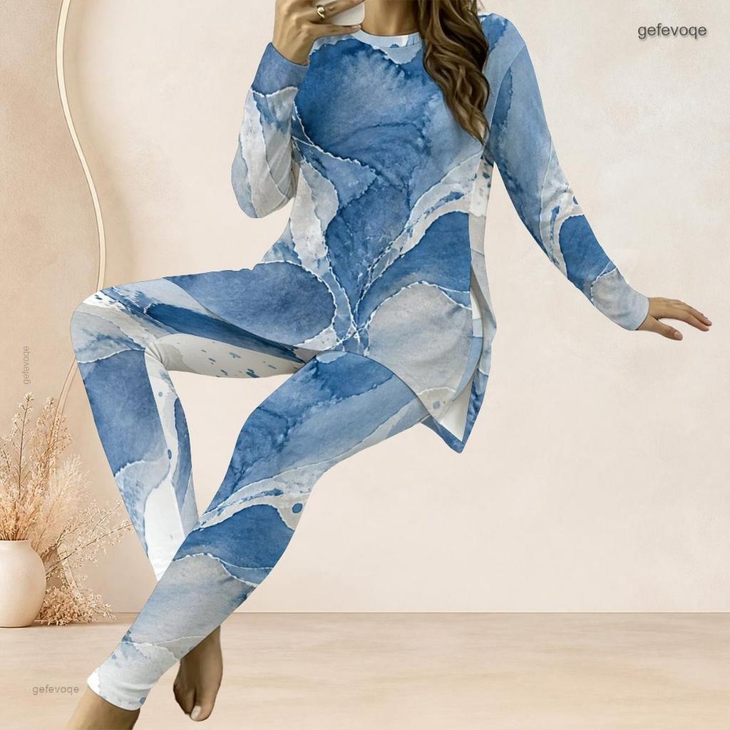 Women Plus Size Printed Two Piece Set Round Neck Long Sleeve Longline Top Fitted Pants Blue Beige