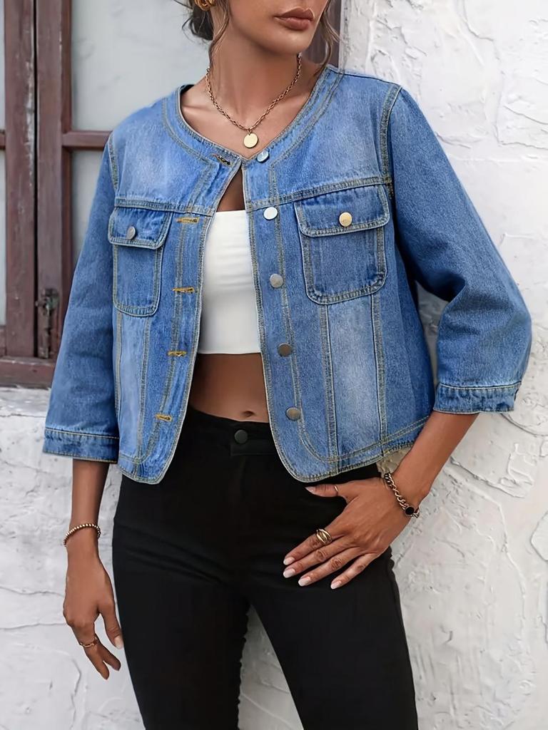 2026 Korean-European Women's Light Blue Single-Breasted Denim Jacket