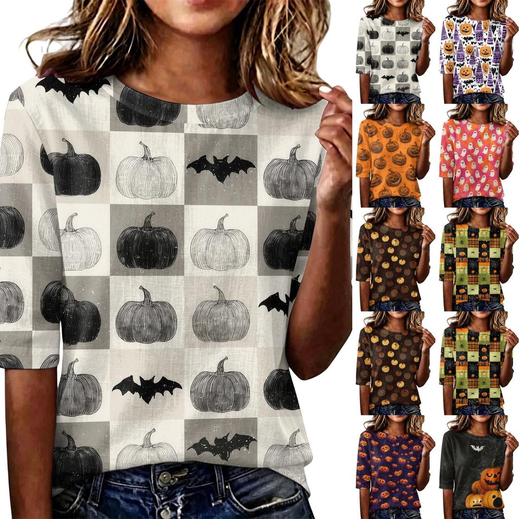 Women's Casual Loose Fit Half Sleeve Top Round Neck Lightweight Comfortable Halloween Pumpkin Print Shirt for Everyday Wear
