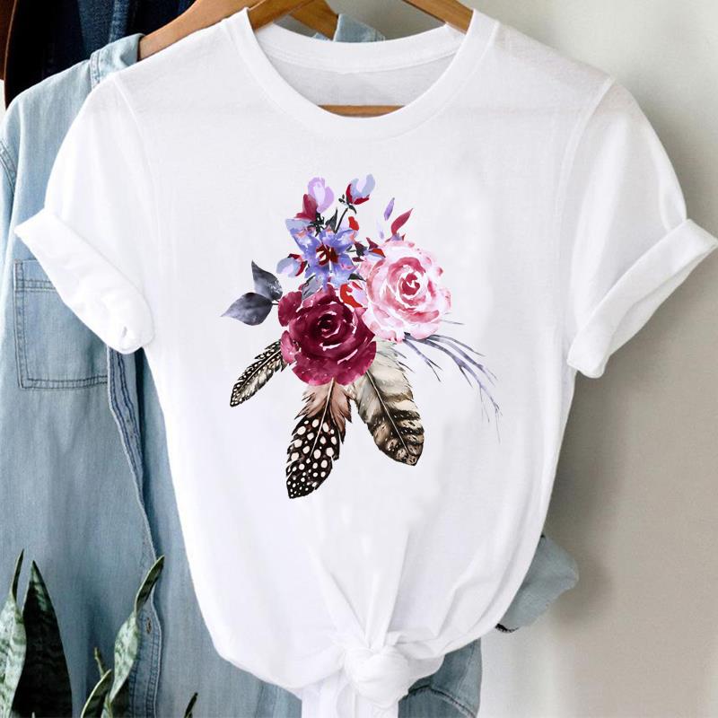 (Asian Size) watercolor flower style cute Printed Female Clothing Women Tee Lady  T Shirt  Casual Fashion Top Graphic Short Sleeve T-shirts