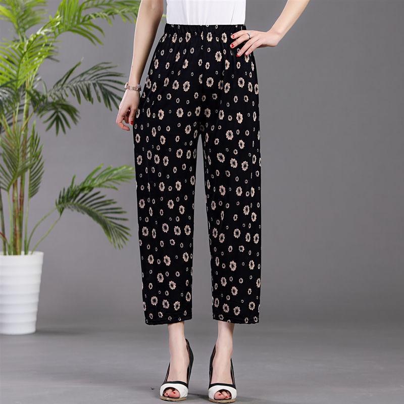 Pantaloni Casual Estivi da Donna Taglia Forte in Seta Ghiaccio Elasticizzata - Larghi, Vita Alta Elastica per Mezza Età e Anziani