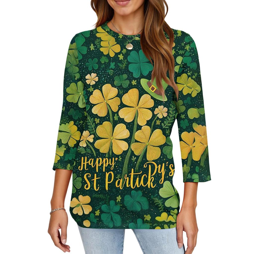 Dámské Módní Ležérní St. Tričko s potiskem na Den svatého Patrika, s kulatým výstřihem a tříčtvrtečním rukávem