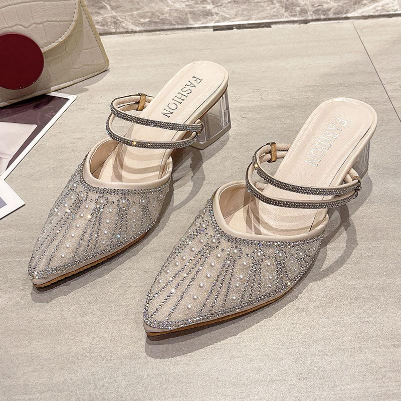 New Spring and Summer Fashion Rhinestone Pearl Pointed High Heels Cool Slippers Versatile Outer Thick Heel Half Drag Women's Shoes