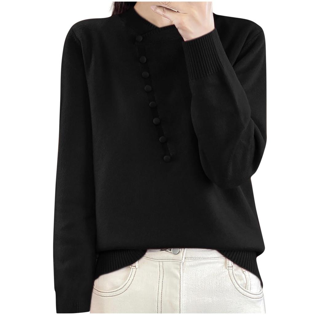 Women's Fashion Casual Pullover Knitted Sweater With Buttons, Solid Color, Long Sleeves Top