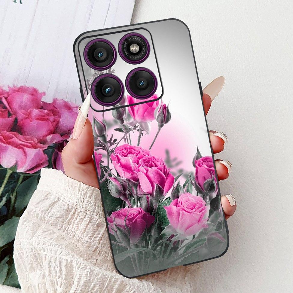For Motorola Edge 60Pro XT2507-1 Back Cover For Motorola Edge 60 Pro Case Cute Cartoon Luxury Flower Painted Black Silicone 6.7"