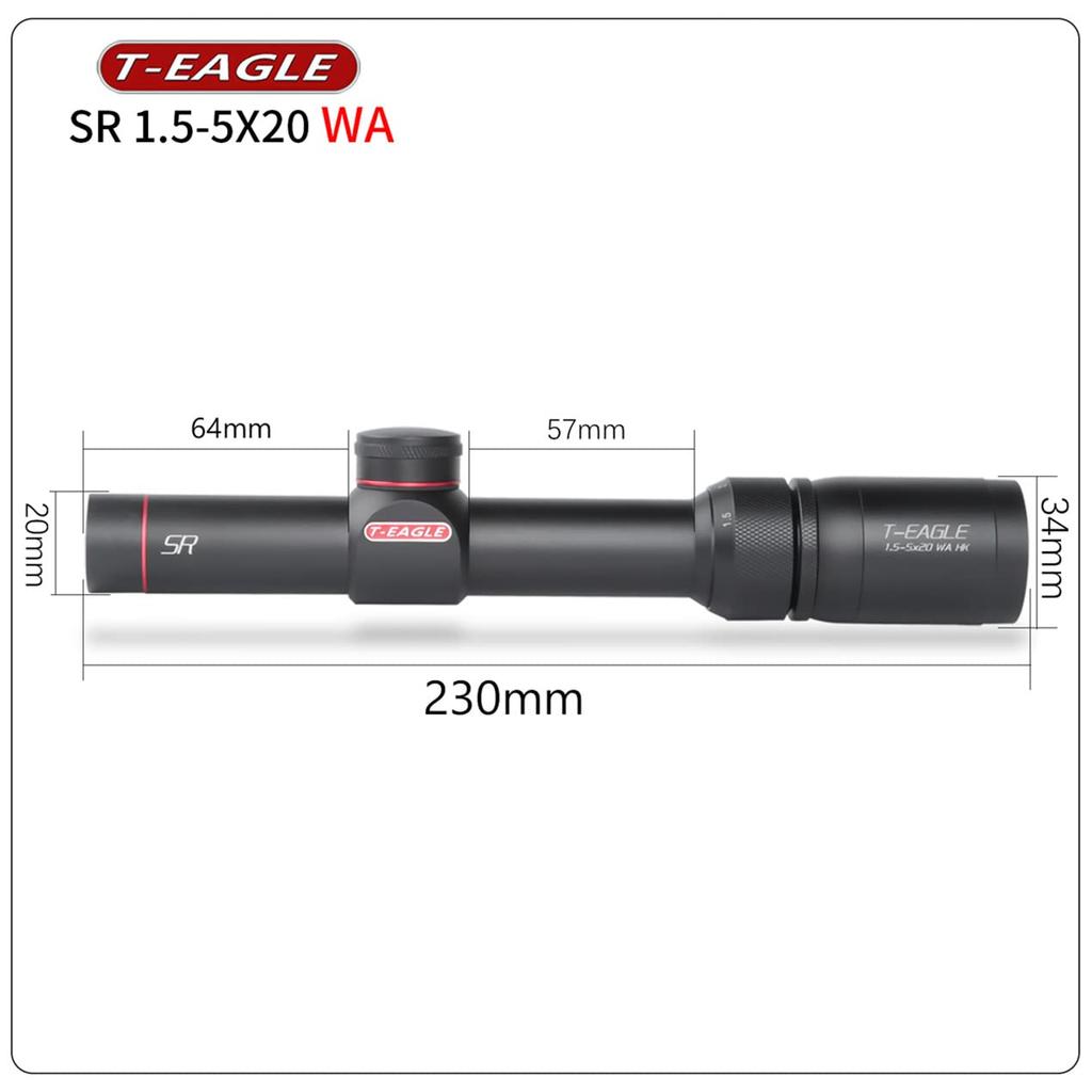 T-EAGLE 1.5-5x20WA Short Rifle Scope with Variable Zoom, Suitable for Airsoft and Survival Games, Includes 20mm High Mount Ring