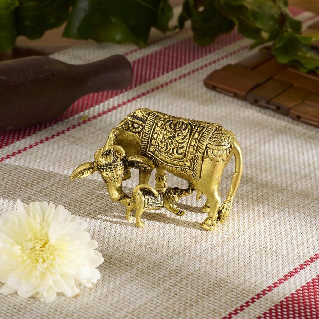 Brass Kamadhenu Kamdhenu Cow with Calf Idol, Small 2" Murti, Vastu Decor for Wealth, Health, Peace & Happiness Detailing & Light Weight