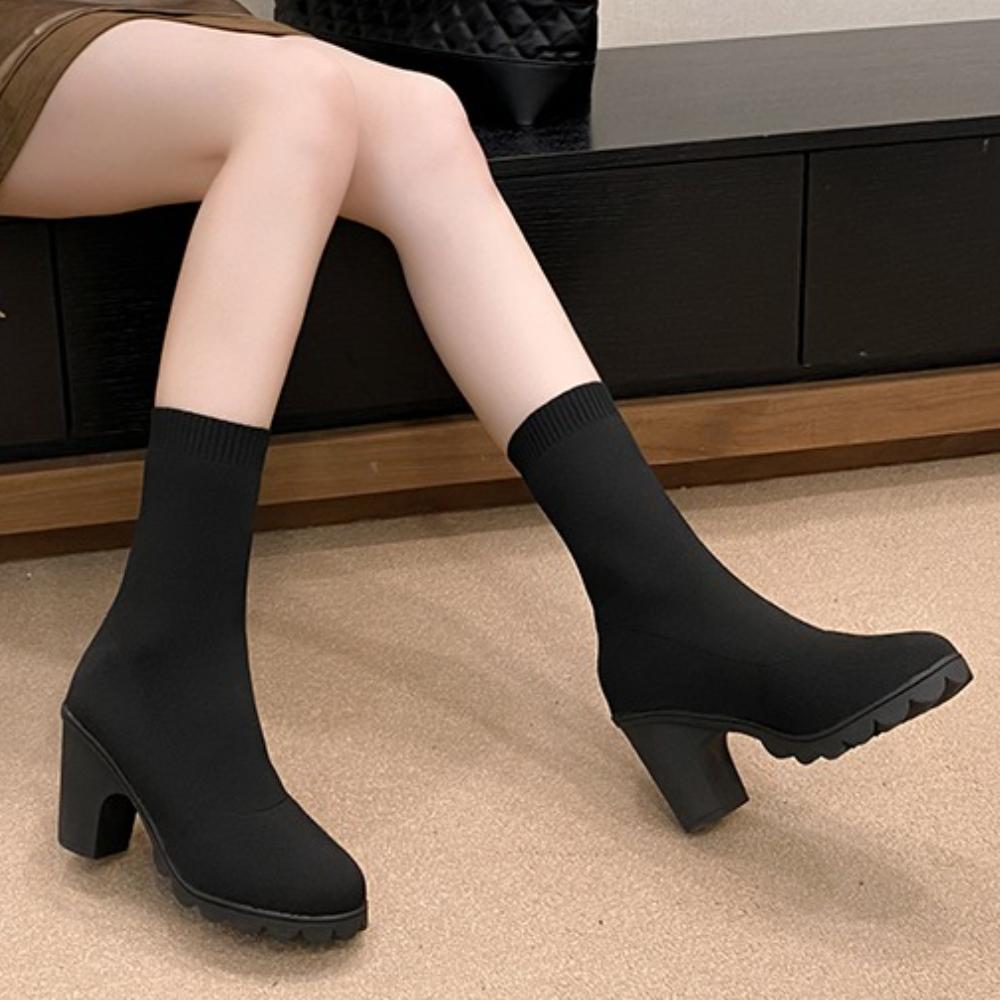 Classic Minimalist Solid Color Elastic Sock Boots For Women'S Autumn Elegant High Heels, Slip On Elastic Knitted Ankle Boots