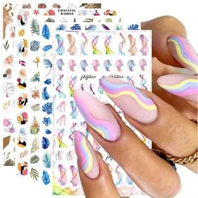 Colorful Abstract Wave Lines 3D Nail Art Stickers Flower Floral Leaf Nail Decals Nails Decoration