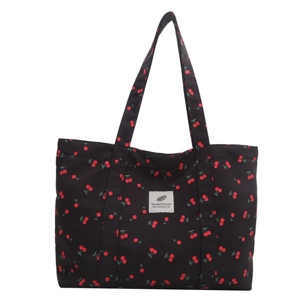 Cute Cherry Print Casual Tote Bags for Women Large Capacity Shopping Bag Nylon Aesthetic Handbag Grocery Storage Pouch