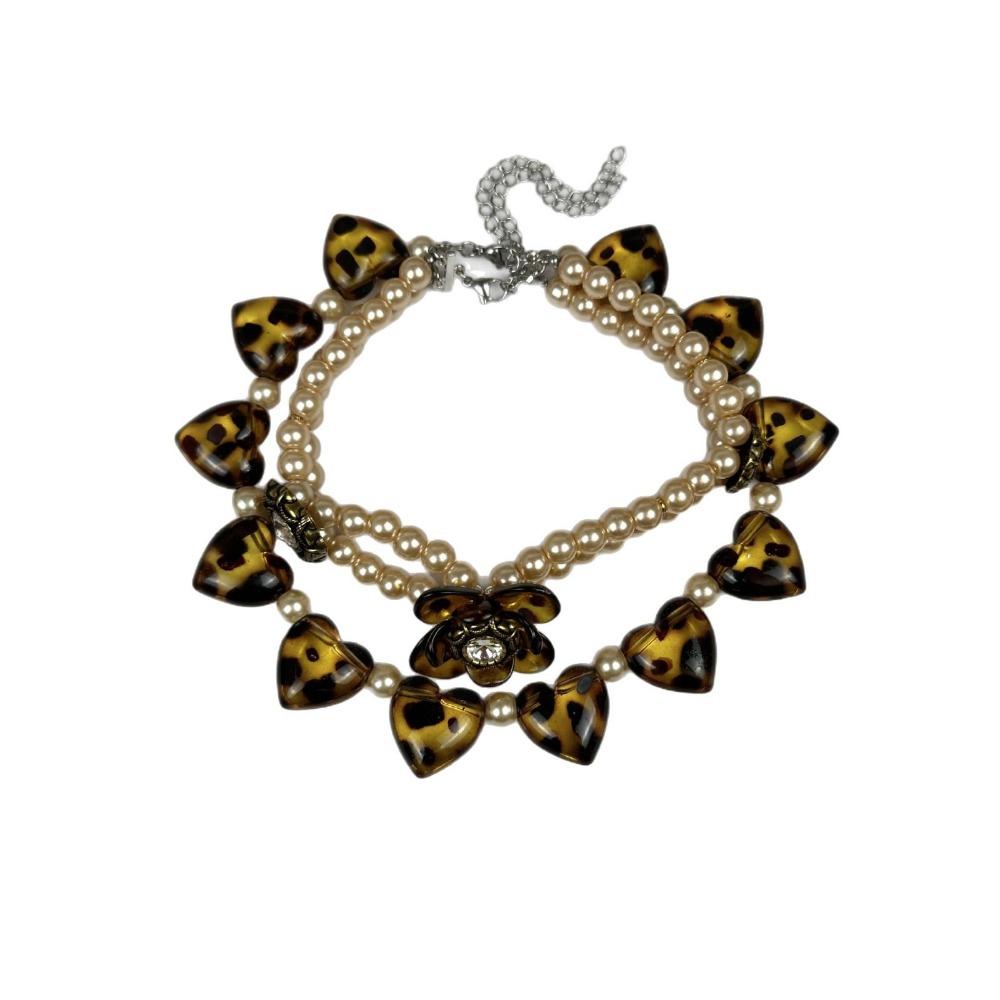 Vintage Pearl Beaded Choker Leopard Clavicle Chain Sweet Flower Heart Necklace  Women