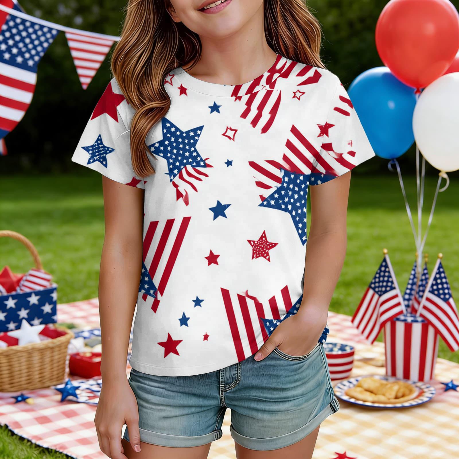 

Short Sleeve Crew Neck T Shirt for Girls Soft Lightweight Fabric with USA Map and Print Comfortable Fit Top 160 білий