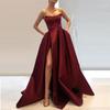 Satin evening dress tube top high fork ball dress a-shaped cut big skirt slim