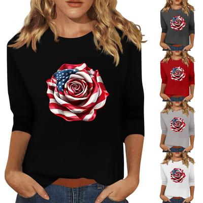 Camiseta informal con cuello redondo y manga 3/4 para mujer, camiseta holgada con estampado del Día de la Independencia, Top para mujer