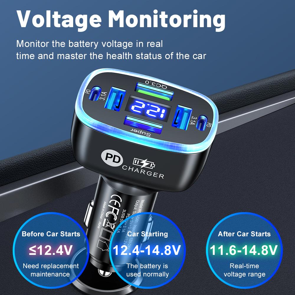 100W 6 Ports Car Charger 4 USB+2 PD Fast Charging QC3.0 USB C Car Phone Charger Type C Adapter In Car For iPhone Samsung Huawei Xiaomi