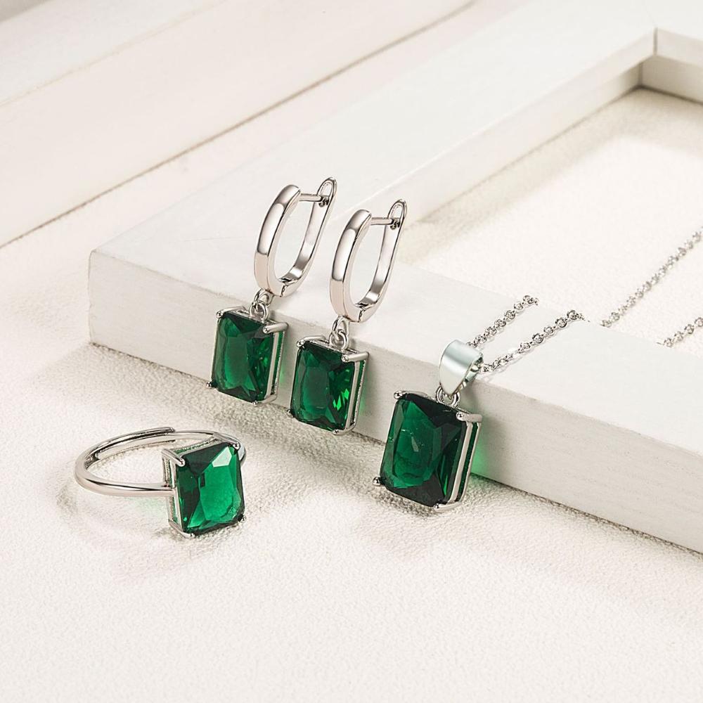 

925 Sterling Copper Multicolor Square Zircon Necklace Earrings Ring Set Birthday Party Anniversary Set Gift