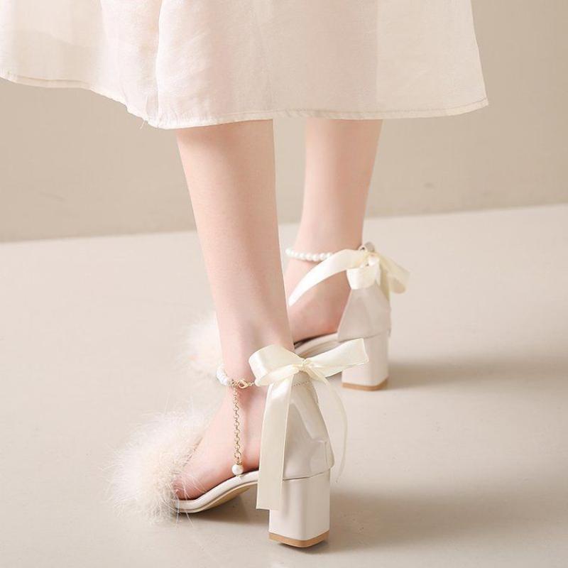 Fashion Women's Sandals White Bow Block Pearl Ladies Shoes Heel Comfortable and Elegant Summer 2025 Vintage Designer Korea Comfort Vip