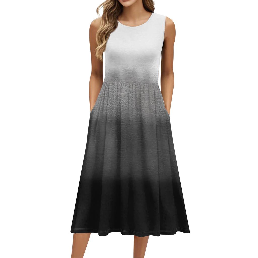 Modisches, bedrucktes, ärmelloses, lässiges Pullover-Kleid mit Rundhalsausschnitt und Tasche für Damen in mittlerer Länge