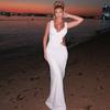 Women European American Style Solid Color V Neck Sleeveless Hollow Out Bodycon Long Dress