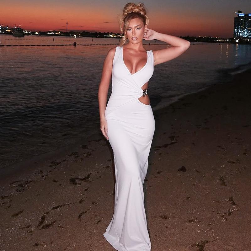 Women European American Style Solid Color V Neck Sleeveless Hollow Out Bodycon Long Dress