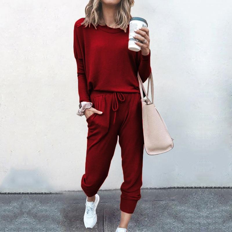 Women's Fashion Casual Spring Autumn Solid Color Print Long Sleeve O-Neck Trousers Pants Suits