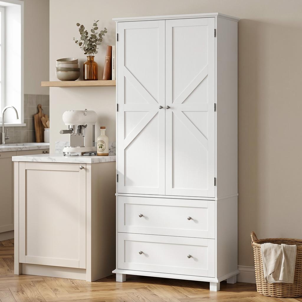 Kitchen Sideboard, Tall, 2-Door Cabinet, 2 Drawers, 6 Shelf Racks, 80 x 39.5 x 184.5 cm, White