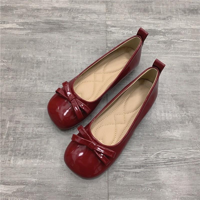 

2025 spring new Korean version bow single shoes flat bottom round head shallow mouth soft sole Doudou shoes fashionable versatile ladyshoes 35 бордовый
