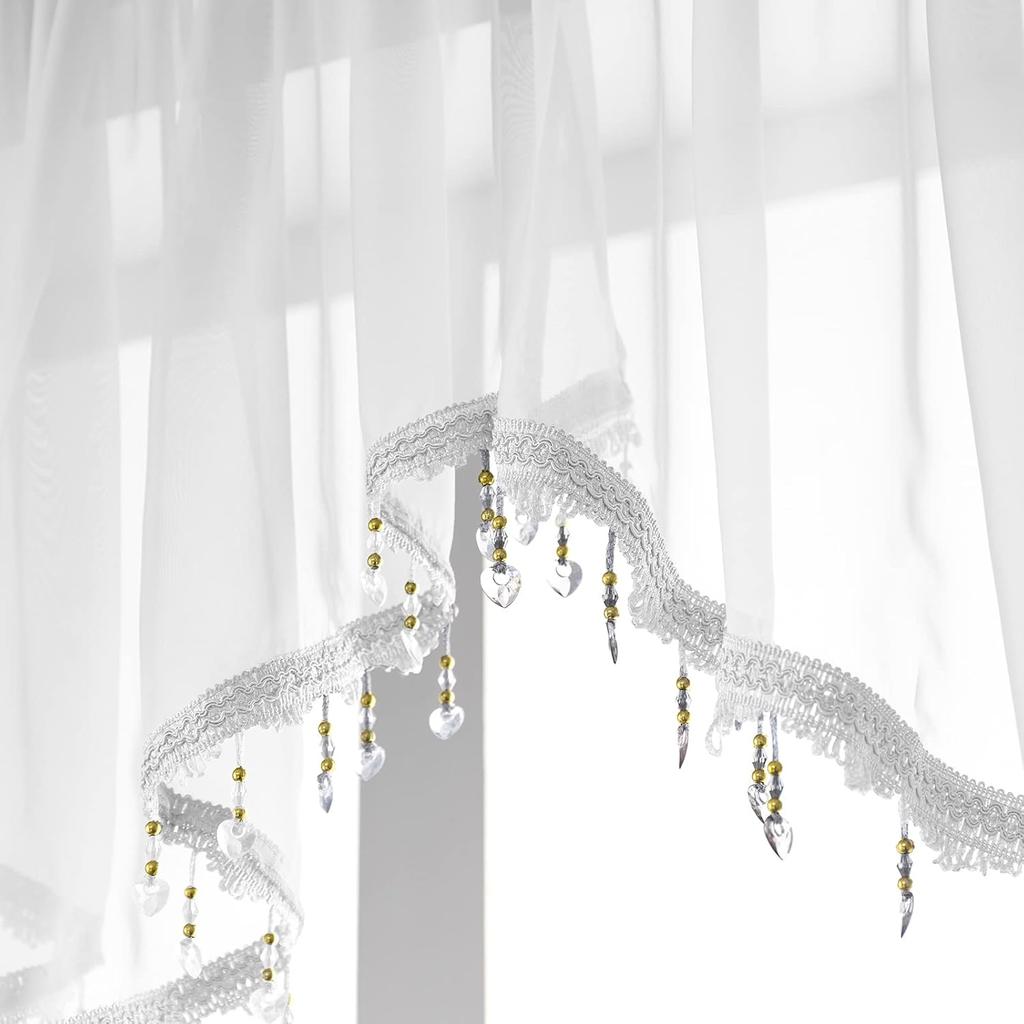 Beaded Triangle Sheer Valance Curta for Living Room,Rod Pocket Farmhouse Window Valance, Bead Trim Tassel Voile Sheer Curtain Valance for Bedroom