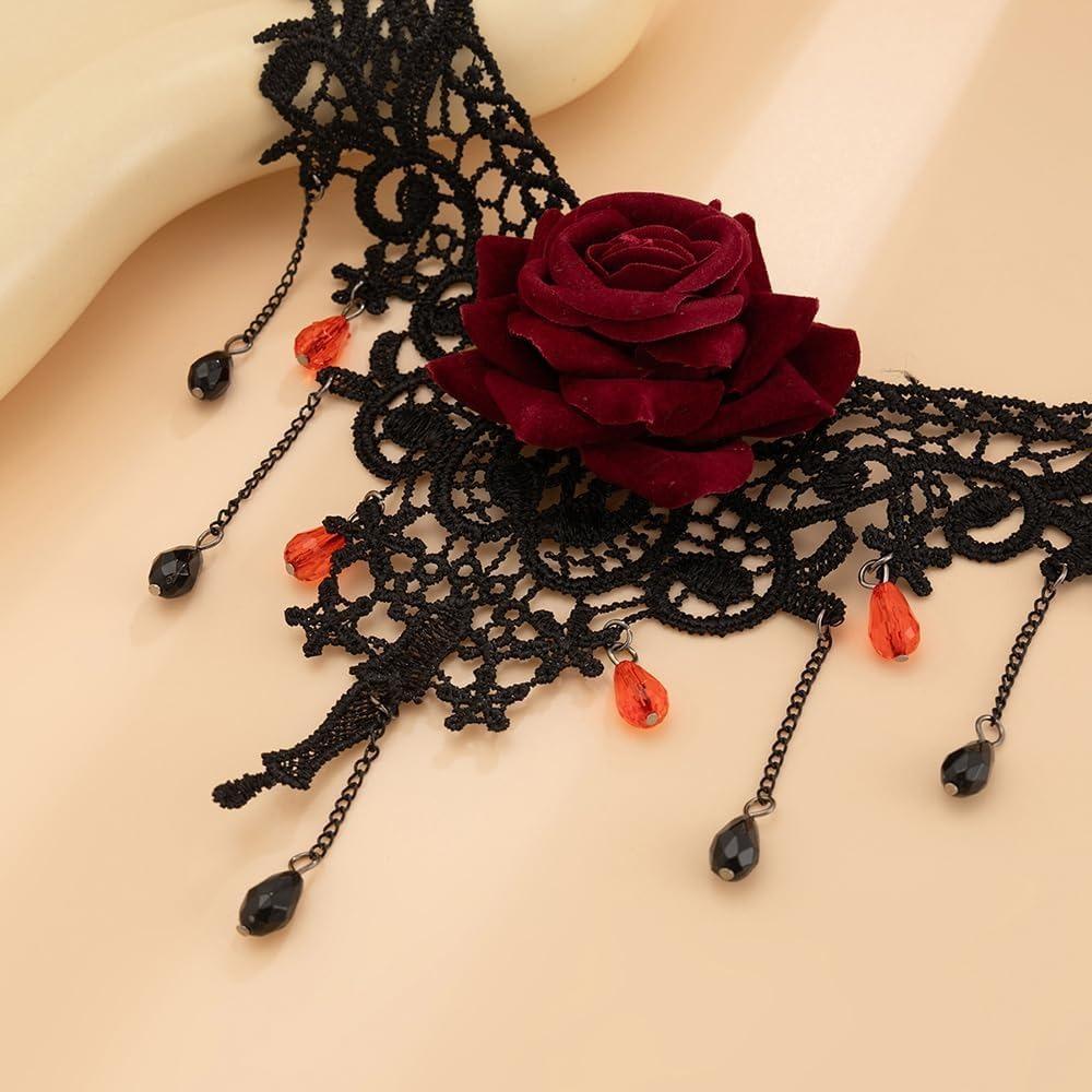 Gotischer Schwarzer Spitze Rote Rose Blume Choker Halskette Vintage Kristall Anhänger Kragen Kette Zubehör für Halloween Hochzeit Brautparty