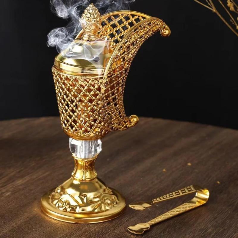 Golden Middle Eastern Aromatherapy Incense Burner,Moon Shape Metal Arabian Living Room Incense Burner Holder Home Decorative