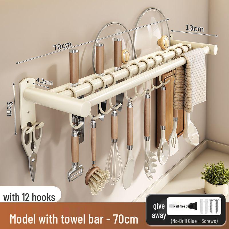 Stainless Steel Wall-Mounted Kitchen Hook & Pot Lid Rack with Knife Holder.