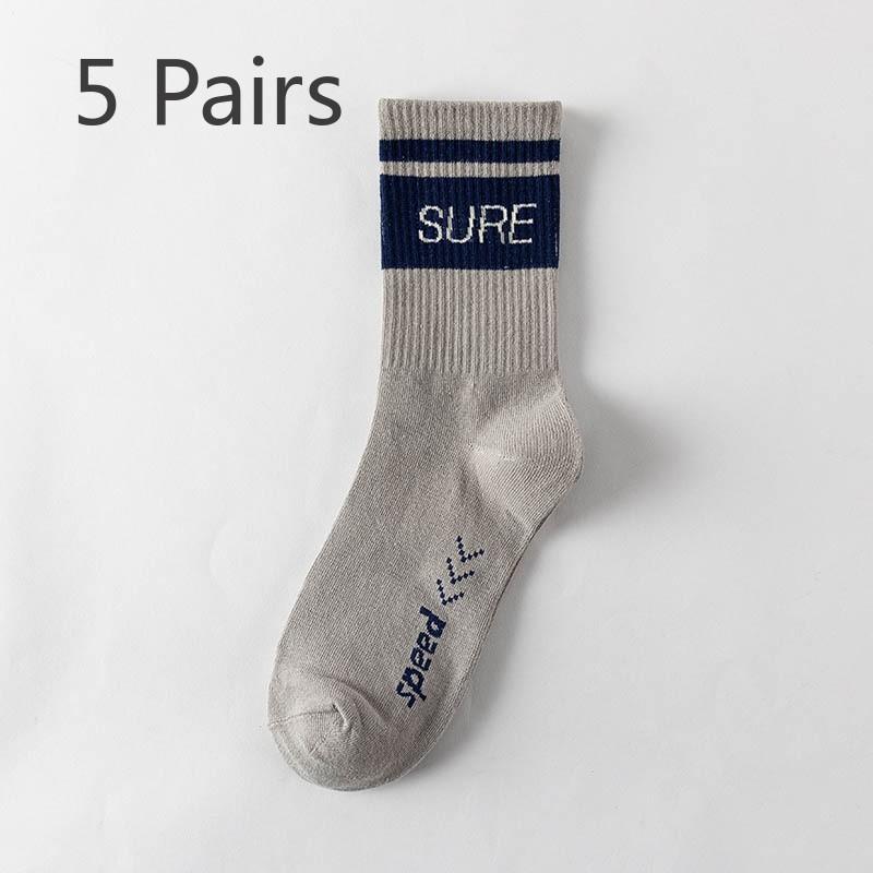 5 Pairs of Men's and Women's Spring Fashion Solid Color Sports Striped Mid Tube Cotton Socks