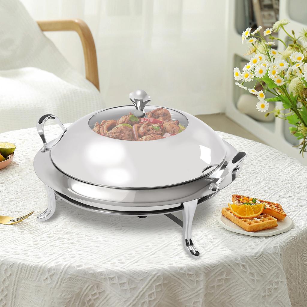 Chafing Dish, Runder Buffet-Wärmer aus Edelstahl, 38cm/14.96in Serviertablett, 3L/3.17Qt Fassungsvermögen, Wiederverwendbarer Brennstoffhalter mit Deckel