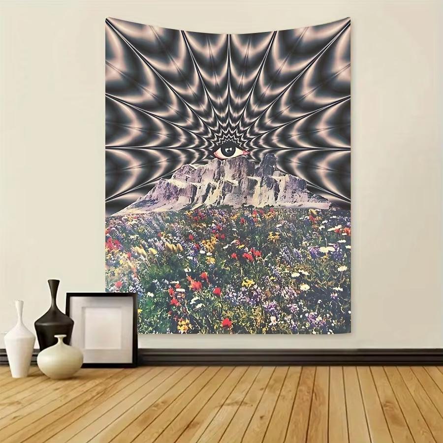 Psychedelic Eye Over Mountain and Flowers Wall Tapestry Surreal Wall Hanging All-Seeing Eye Tapestry Printing Wall Tapestry