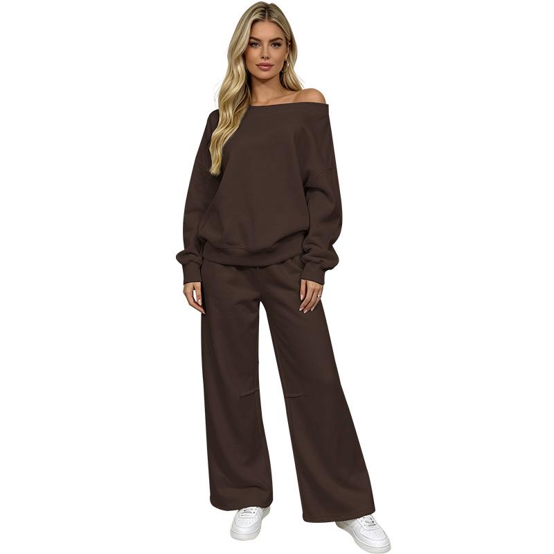 New solid color off-the-shoulder long-sleeved pullover women's sweater fashion casual wide-leg pants set