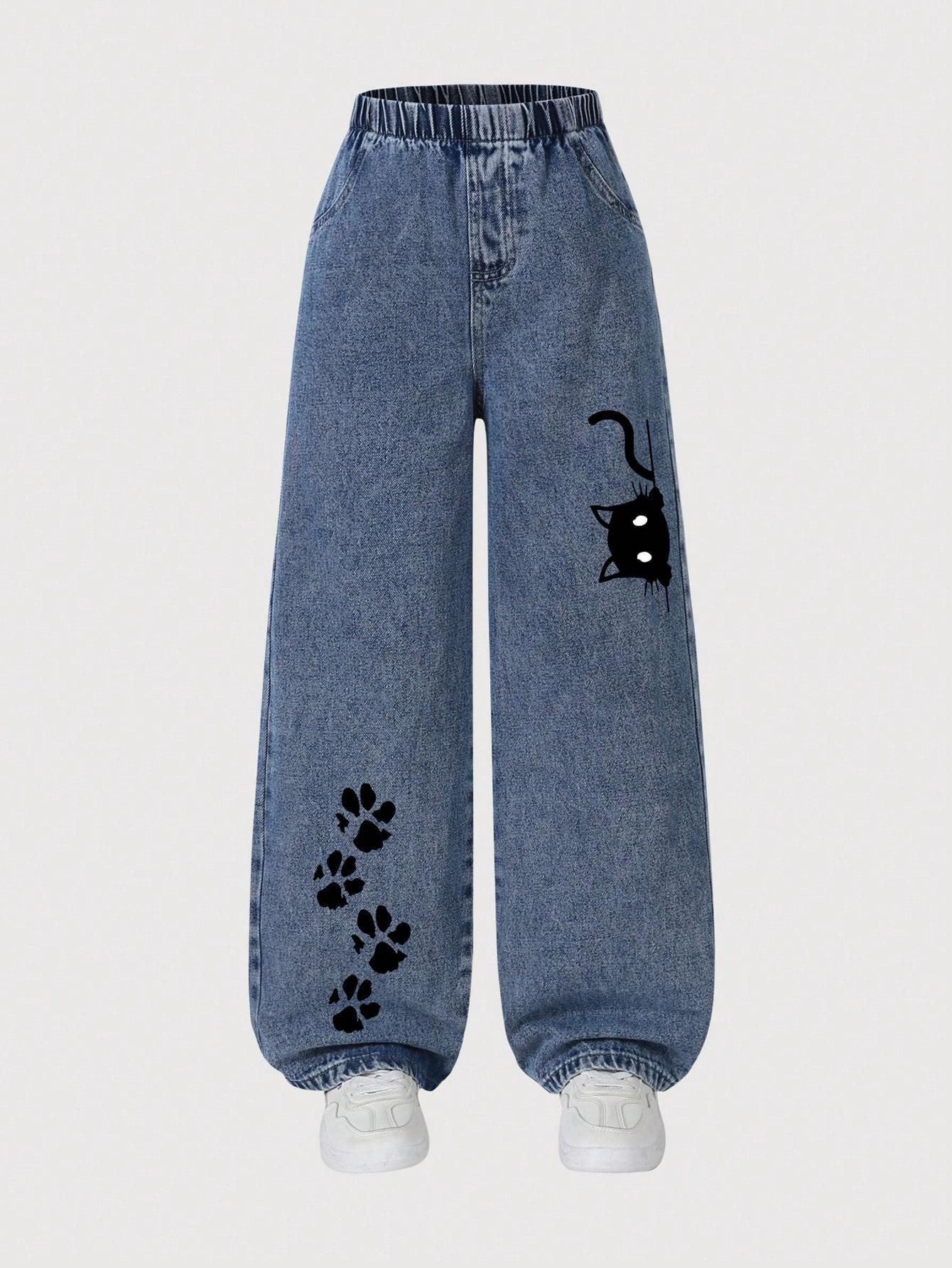 

One-piece Girl Jeans, Casual and Versatile Street Style Y2K Kitten Pattern Straight Leg Jeans 6Y средний синий