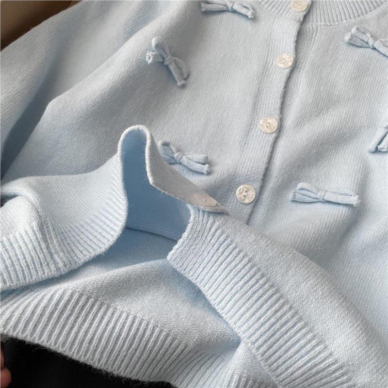 Korean Style 3D Bow Round Neck Knit Women's Fall College Sweater Cardigan