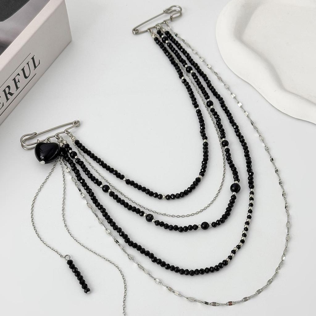 Punk Hip-hop Black Long Crystal Chain Tassel Pendant Brooch Multi-layer Creative Gravel Weaving Girl Fashion Set Jewelry