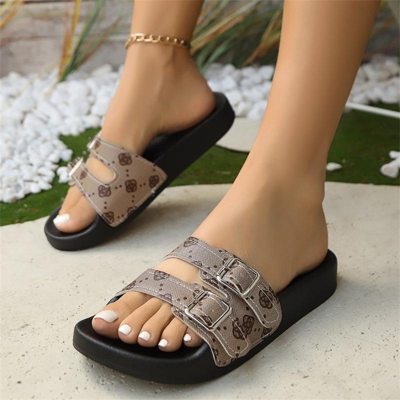 Foreign Trade Large Size Summer New Thick-soled Cool Slippers Women's European and American One-word with Double Buckle Outer Wear Women's Shoes