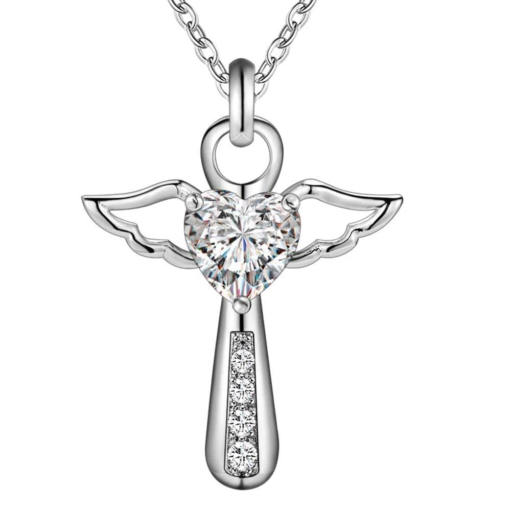 

Fashion brand 925 Sterling Copper Necklace For Women luxury Wedding Zircon angel crystal cross pendants neckalce 45cm 18inches белый