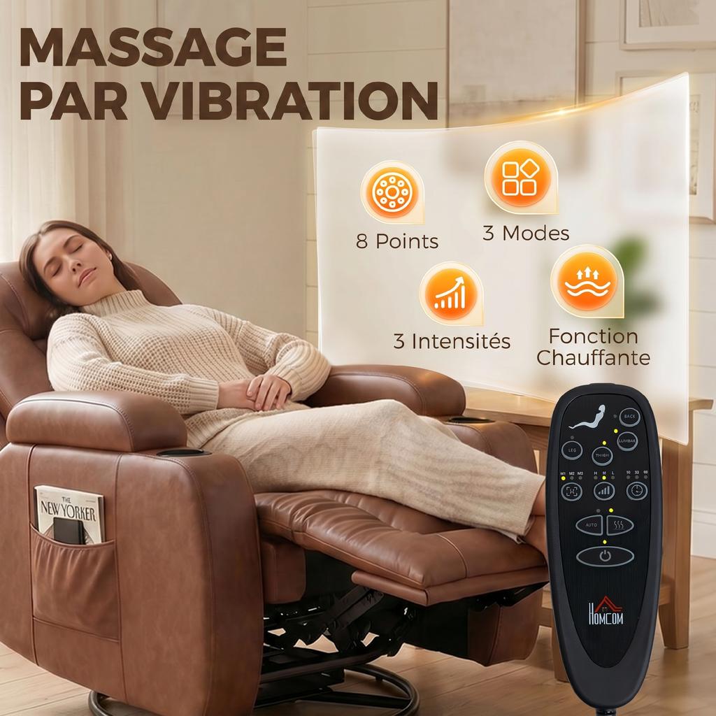Massage and Heating Chair, Reclining, Adjustable Backrest, Swivel, 82 x 99 x 103 cm, Brown
