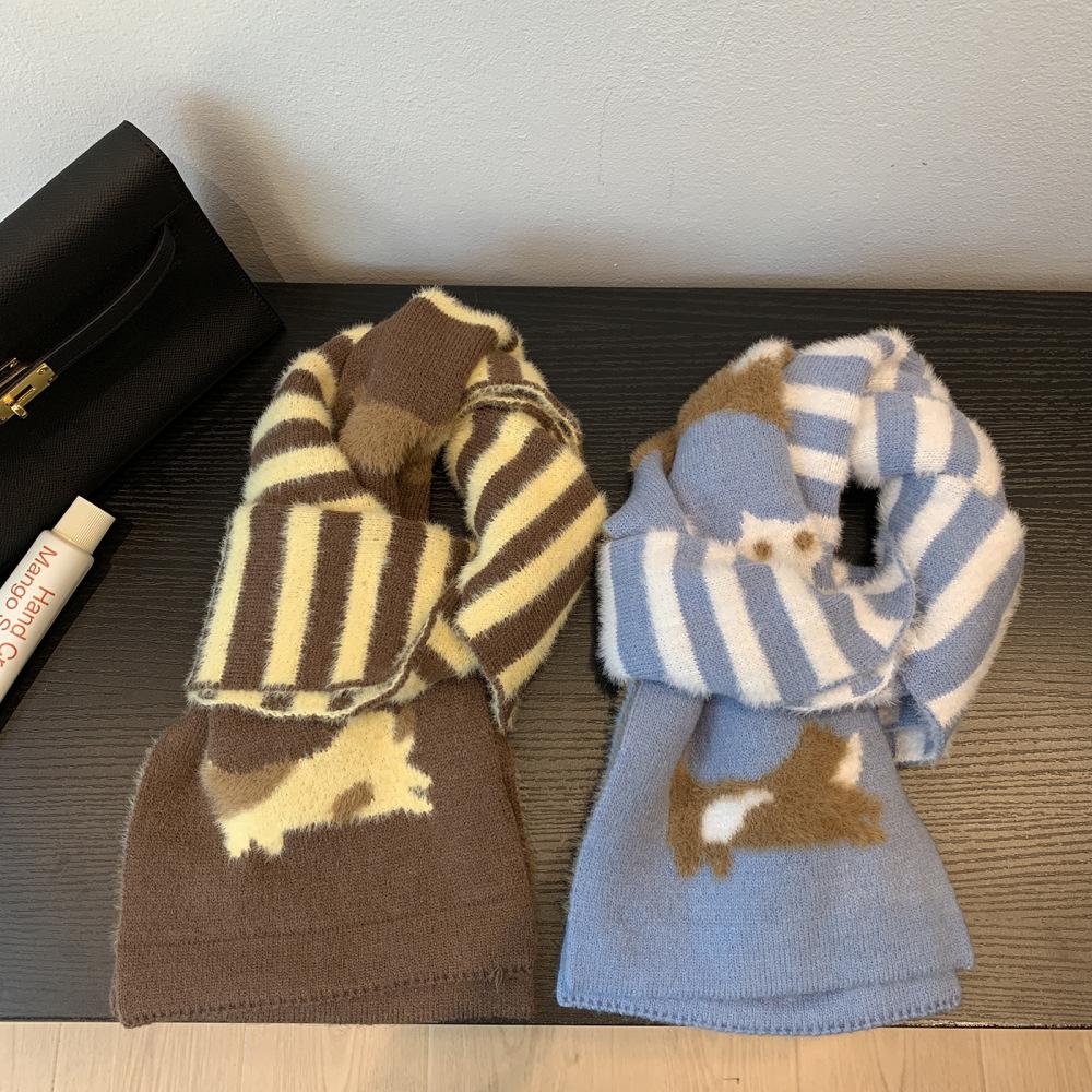 Korean striped puppy knitted scarf winter thickened warm imitation rabbit hair soft waxy scarf ins wind versatile